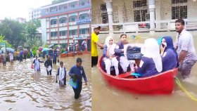 কোমরসমান পানি মাড়িয়ে ও নৌকায় চড়ে পরীক্ষাকেন্দ্রে শিক্ষার্থীরা, জানালেন ক্ষোভ