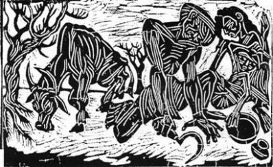 খরার কবলে কোলাপুর (মহারাষ্ট্র), লিনোকাট, ১৯৫৩, শিল্পী চিত্তপ্রসাদ
