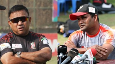 ফরচুন বরিশালের কোচ খালেদ মাহমুদ সুজন (বাঁয়ে) ও কুমিল্লা ভিক্টোরিয়ান্সের কোচ মোহাম্মদ সালাউদ্দিন