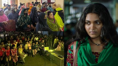 ‘শিমু’ দেখছেন গার্মেন্ট শ্রমিক পরিবারের সদস্যরা, ডানে অভিনেত্রী নন্দিনী শিমু
