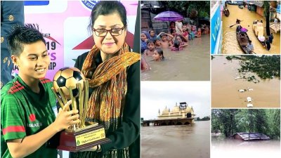ট্রফি নিলামে তুলছেন নারী ফুটবলার শাহেদা আক্তার রিপা (বাঁয়ে)