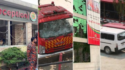বিক্ষুব্ধ জনতার নিক্ষেপ করা ইট-পাটকেলে ভেঙে যায় ফায়ার সার্ভিস কার্যালয়ের বিভিন্ন স্থাপনা ও যানবাহন লাগানো কাচ