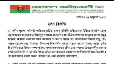 ভোটের প্রচারে অংশ নেওয়ায় বিএনপির ৬ নেতাকে বহিষ্কার