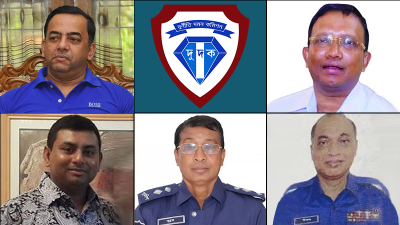 ওপরে বাঁ দিক থেকে সাবেক আইজিপি বেনজীর আহমেদ, বহিষ্কৃত ডিআইজি মিজানুর রহমান; নিচে বাঁ থেকে অতিরিক্ত ডিআইজি শেখ রফিকুল ইসলাম শিমুল, সাবেক এসপি সুব্রত কুমার হালদার, অতিরিক্ত পুলিশ সুপার উত্তম কুমার বিশ্বাস