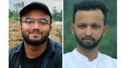 সিলেটে ছাত্র আন্দোলন চলাকালে নিহত শাবিপ্রবির শিক্ষার্থী রুদ্র সেন (বাঁয়ে) ও সাংবাদিক এ টি এম তুরাব