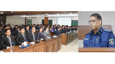 নবীন পুলিশ কর্মকর্তাদের উদ্দেশে বক্তব্য রাখছেন আইজিপি বাহারুল আলম