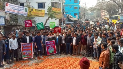 সড়কে টমেটো ফেলে কৃষক অবরোধ