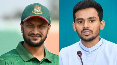 ক্রিকেটার সাকিব আল হাসান (বাঁয়ে) এবং ক্রীড়া উপদেষ্টা আসিফ মাহমুদ সজীব ভূঁইয়া/কোলাজ