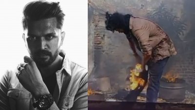 শুটিং সেটে এভাবেই আগুন লাগে শুভর পায়ে (ডানে)