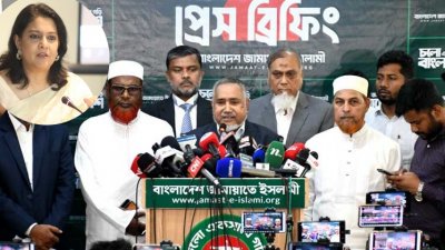 জামায়াত ইসলামীর প্রেস ব্রিফিং (ইনসেটে রিজওয়ানা হাসান)