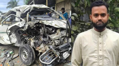 নিহত শামীম হোসেন ও তাদের বহনকারী মাইক্রোবাস