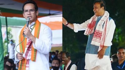 কংগ্রেস প্রার্থী গৌরব গগৈ (বামে) ও আসামের মুখ্যমন্ত্রী, বিজেপি প্রার্থী হিমান্ত বিশ্ব শর্মা (ডানে)। ছবি: এনডিটিভি