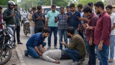 সাহায্যের হাত বাড়ানোর আগে অনেকের হাত চলে যায় মোবাইল ফোনের দিকে (প্রতীকী ছবি/এআই)