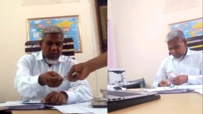 নিজ দফতরে সেবা নিতে আসা এক ব্যক্তির কাছ থেকে ঘুষের টাকা গুনে গুনে নিচ্ছেন রংপুরের কাউনিয়া উপজেলার হিসাবরক্ষণ কর্মকর্তা নুহু মিয়া