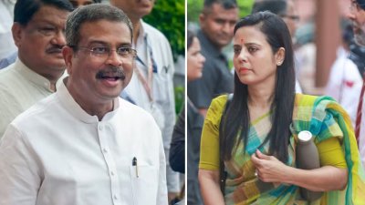 ধর্মেন্দ্র প্রধান ও মহুয়া মৈত্র। ছবি: ইন্ডিয়া টুডে