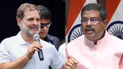 লোকসভার বিরোধীদলীয় নেতা রাহুল গান্ধী ও ভারতের কেন্দ্রীয় শিক্ষামন্ত্রী ধর্মেন্দ্র প্রধান। ছবি: এনডিটিভি