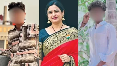 প্রধান শিক্ষিকা রূপা রেড্ডি (মাঝে) ও গ্রেফতার দুই শিক্ষার্থী। ছবি: এনডিটিভি