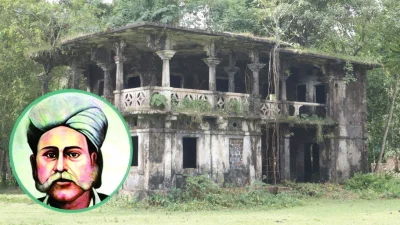 হাছন রাজার পৈতৃক বাড়ি। ইনসার্টে হাছন রাজা। ছবি: বাংলা ট্রিবিউন কোলাজ