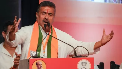 পশ্চিমবঙ্গের প্রথম বিজেপি মুখ্যমন্ত্রী শুভেন্দু অধিকারী। ছবি: এএনআই