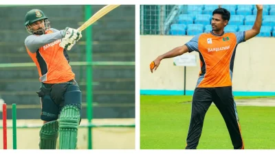 অনুশীলনে লিটন দাস ও মোস্তাফিজ কমলা জার্সিতে।