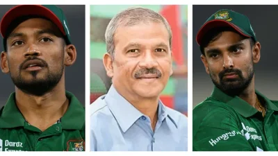 বামে নাজমুল হোসেন, মাঝে অধ্যাপক আসিফ নজরুল, ডানে লিটন দাস।