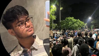 সহপাঠী মৃত্যুর ঘটনার পর শিক্ষার্থীরা ক্যাম্পাসে বিক্ষোভ শুরু করে। ছবি: এনডিটিভি