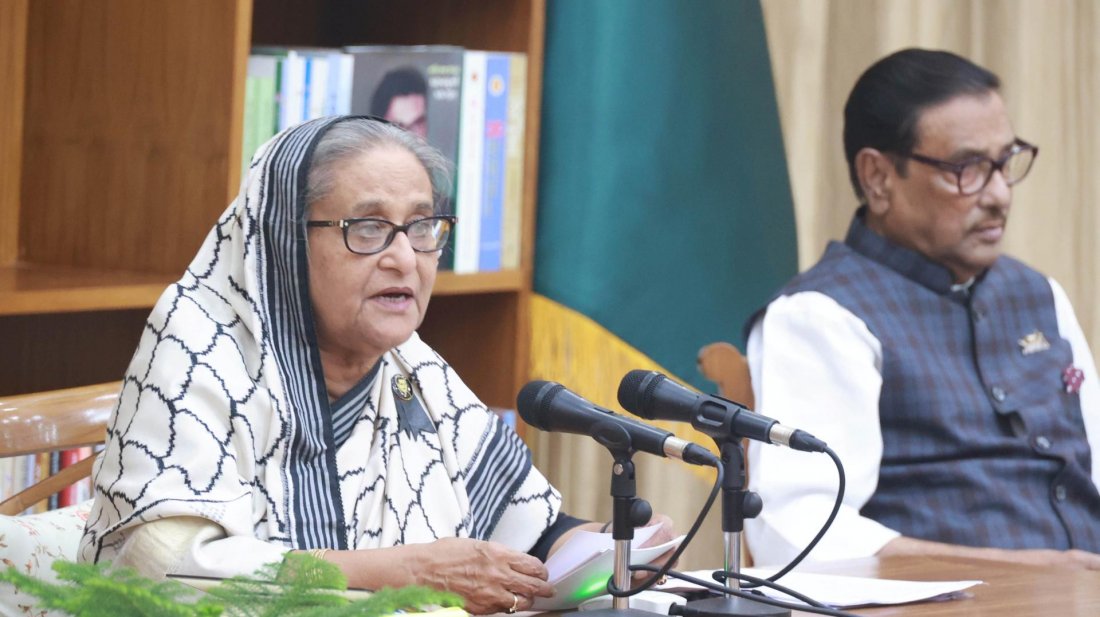 সংবাদ সম্মেলনে প্রধানমন্ত্রী শেখ হাসিনা (ছবি: ফোকাস বাংলা)