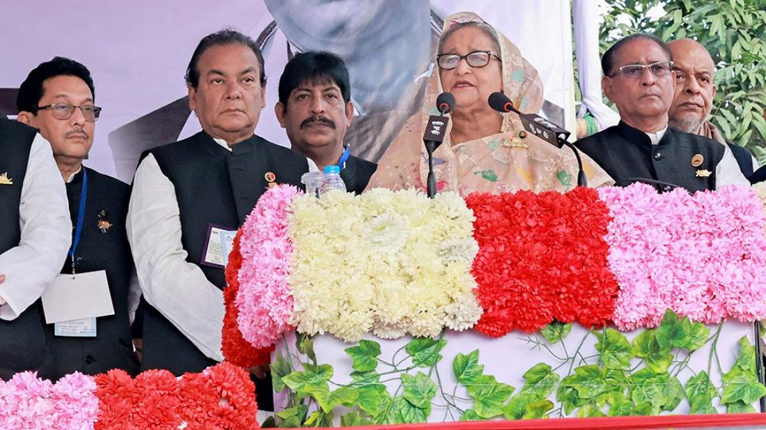 ফরিদপুরে নির্বাচনি জনসভায় বক্তব্য রাখছেন শেখ হাসিনা, ছবি: ফোকাস বাংলা