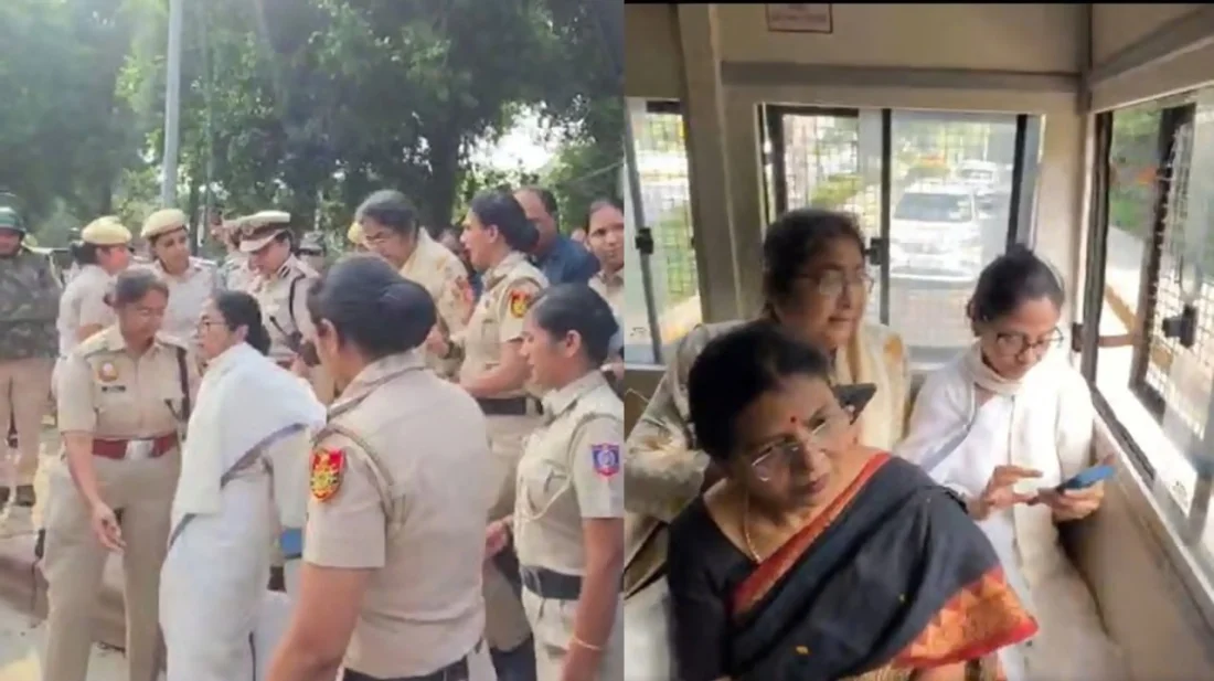 দিল্লির সাউথ এভিনিউ বাসস্ট্যান্ডের কাছের সড়কে অবস্থান কর্মসূচি পালনের সময় মমতা বন্দ্যোপাধ্যায়কে আটক করেছে দিল্লি পুলিশ। ছবি: সংগৃহীত