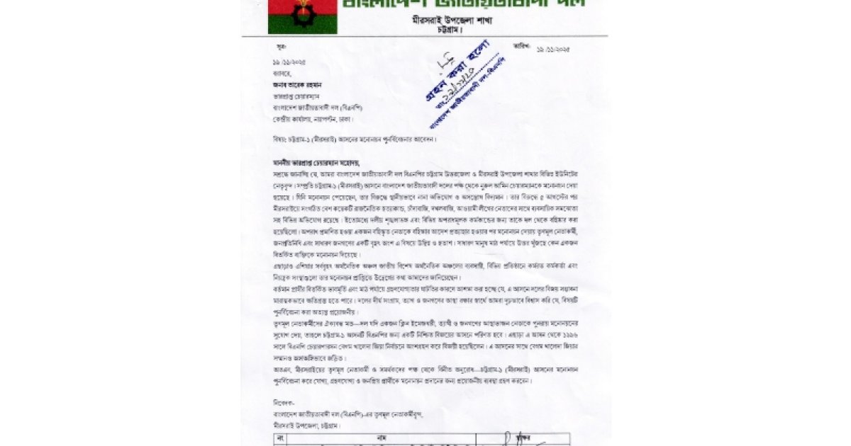 দল থেকে বহিষ্কার হওয়া নেতাকে বিএনপির মনোনয়ন, ১১ নেতার চিঠি