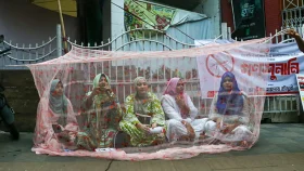 রাস্তায় মশারি টানিয়ে বসে পড়লেন ৫ তরুণী, বললেন ‘মশা নাকি মেয়র বড়’