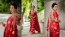 লাল শাড়িতে সপ্তমীর সাজে বিদ্যা সিনহা মিম