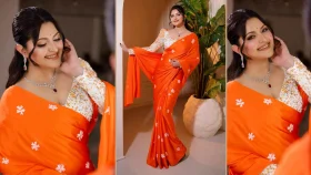 কমলা শাড়িতে শরতের মায়া ছড়ালেন পরীমণি