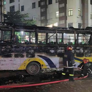 আশুলিয়ায় বাসে আগুন, চালক আহত