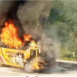 যাত্রীবাহী চলন্ত বাসে আগুন