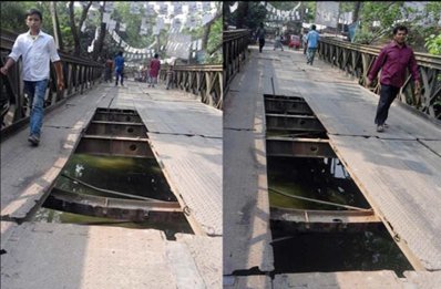 মুলাদী-মীরগঞ্জের প্যাদারহাট বন্দরের বেইলি ব্রিজের প্লেট ভেঙে পড়েছে