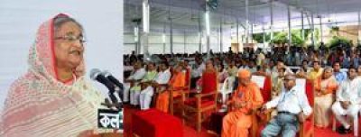 ঢাকেশ্বরী পূজা মণ্ডপ পরিদর্শনের পর বক্তব্য দেওয়ার সময় প্রধানমন্ত্রী শেখ হাসিনা