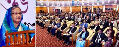 প্রধানমন্ত্রী শেখ হাসিনা রবিবার বঙ্গবন্ধু আন্তর্জাতিক সম্মেলন কেন্দ্রে বিএসইসি ভবনের উদ্বোধন উপলক্ষে ভাষণ দেন। ছবি: বাসস