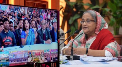 গণভবনে ভিডিও কনফারেন্সের মাধ্যমে উন্নয়ন মেলার উদ্বোধন করেন প্রধানমন্ত্রী শেখ হাসিনা  (ছবি: পিআিইডি)