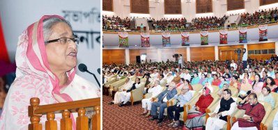মে দিবসের অনুষ্ঠানে বক্তব্য রাখছেন প্রধানমন্ত্রী শেখ হাসিনা (ছবি: ফোকাস বাংলা)
