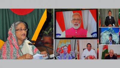 ভিডিও কনফারেন্সে প্রধানমন্ত্রীর বক্তব্য, এসময় কনফারেন্সে যুক্ত ভারত, নেপাল, ভুটান, মালদ্বীপ, শ্রীলঙ্কা ও আফগানিস্তানের রাষ্ট্র ও সরকারপ্রধানরা (ছবি- ফোকাস বাংলা)