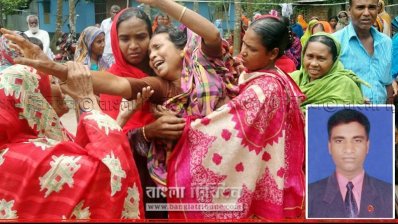 রাঙামাটিতে নিহত সেনা সদস্য চঞ্চলের মায়ের আহাজারি, ইনসেটে চঞ্চরের ছবি (ছবি-বগুড়া প্রতিনিধি)