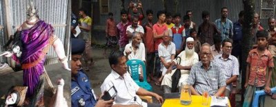 সিরাজগঞ্জের কাজিপুর উপজেলার গান্ধাইল সর্বজনীন দূর্গা মন্দিরে স্বরসতী প্রতিমা ভাঙচুরের ঘটনা ঘটেছ। ছবি- প্রতিনিধি