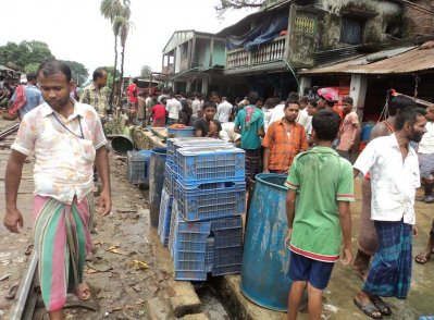 কালীগঞ্জের বারবাজার রেল ক্রসিংয়ে ওপর বসা মাছ বাজার (ঝিনাইদহ প্রতিনিধি)