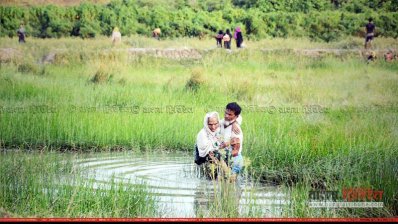 বৃদ্ধ মাকে কোলে নিয়ে পালিয়ে বাংলাদেশ সীমান্তের কাছে নোম্যনস ল্যান্ডে ছেলে হাবিব উল্লাহ
