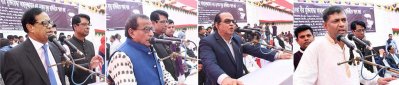 প্রয়াত আছাদুজ্জামানের স্মরণসভায় (বাঁ থেকে) চিফ হুইপ, সমাজকল্যাণ প্রতিমন্ত্রী, যুব ও ক্রীড়া প্রতিমন্ত্রী এবং প্রধানমন্ত্রীর সহকারী একান্ত সচিব অ্যাডভোকেট সাইফুজ্জামান শিখর (ছবি- ফোকাস বাংলা)