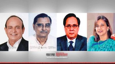 দফতর বদল হওয়া চার জন (বাঁ থেকে) আনোয়ার হোসেন মঞ্জু, রাশেদ খান মেনন, আনিসুল ইসলাম মাহমুদ ও তারানা হালিম
