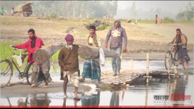 বাঁশের সাঁকো দিয়ে পারাপার