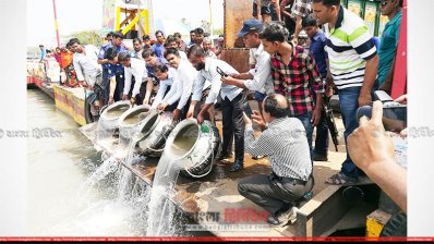 বরগুনায় জব্দ করা মাছের পোনা অবমুক্ত করা হচ্ছে