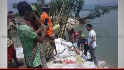 এলাকাবাসী ও প্রশাসনের লোকজন বাঁধ সংস্কার করছে